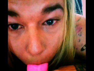 blondie trans chick self choking on meaty pink toy